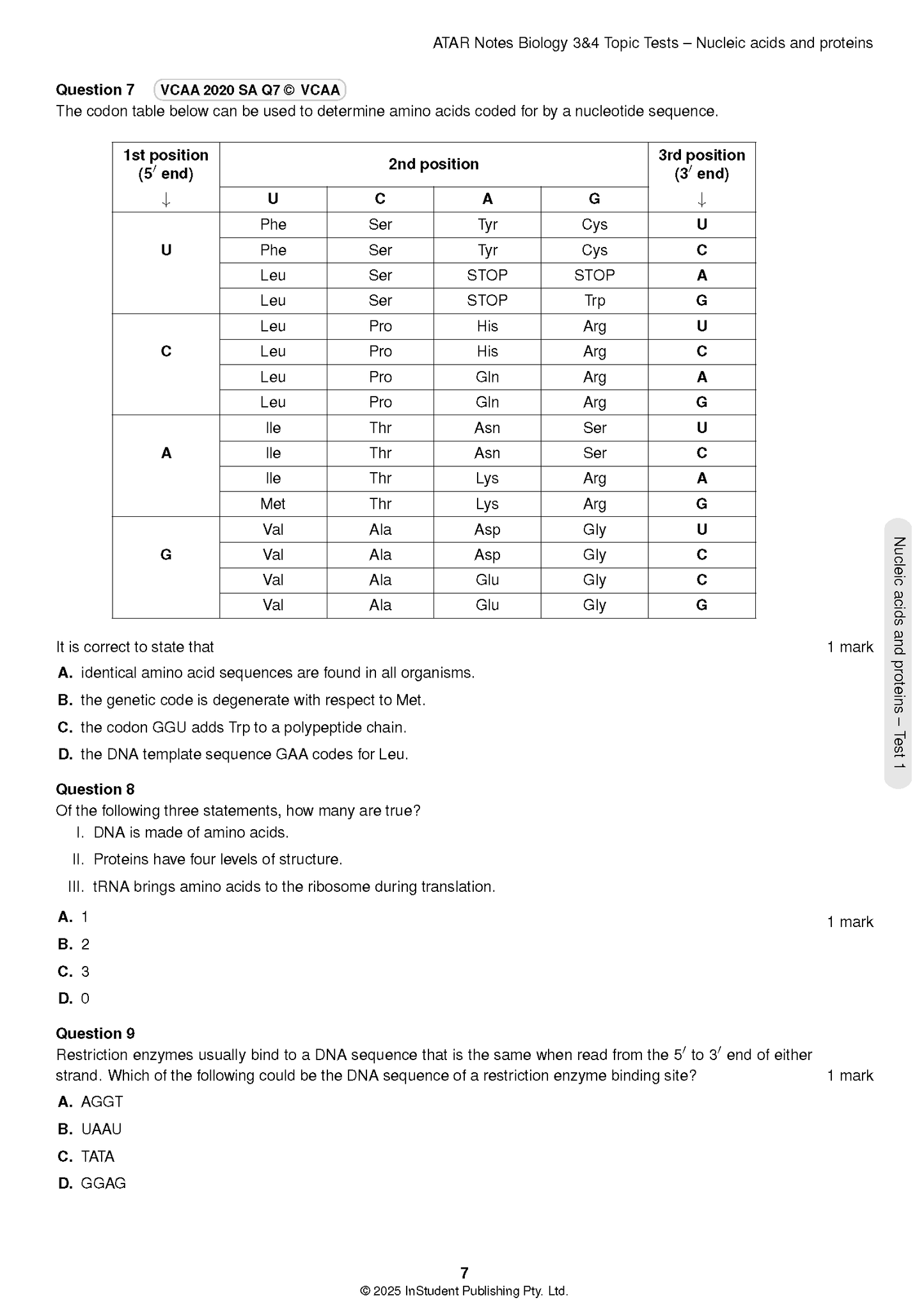 ATAR Notes VCE Biology 3&4 Topic Tests (2025-2026)