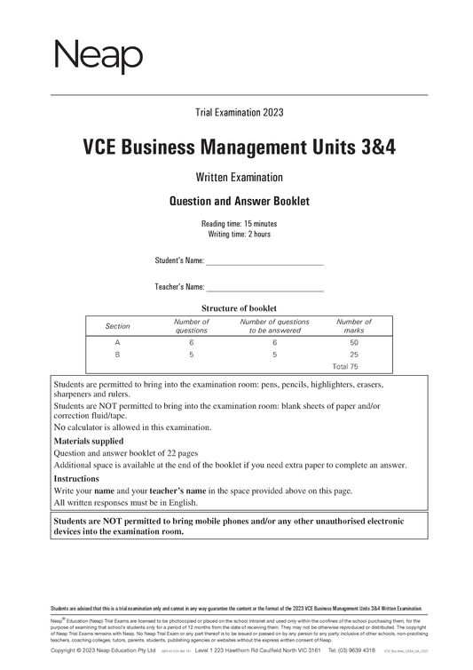 Neap Trial Exam: 2023 VCE Business Management Units 3&4