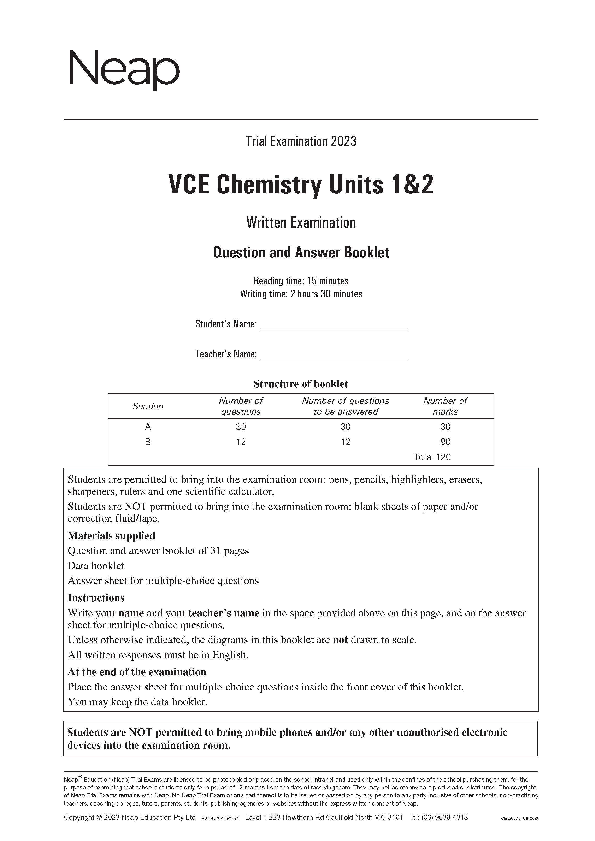 Neap Trial Exam 2023 VCE Chemistry Units 1&2 ATAR Notes