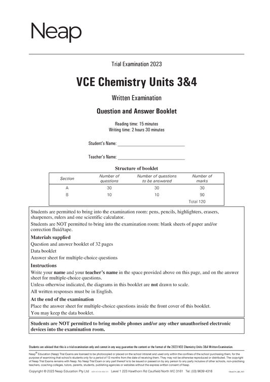 Neap Trial Exam: 2023 VCE Chemistry Units 3&4