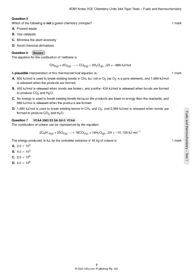 ATAR Notes VCE Chemistry 3&4 Topic Tests (2024-2025)