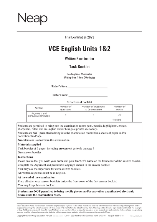 Neap Trial Exam: 2023 VCE English Units 1&2