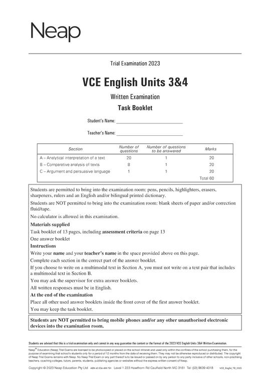 Neap Trial Exam: 2023 VCE English Units 3&4
