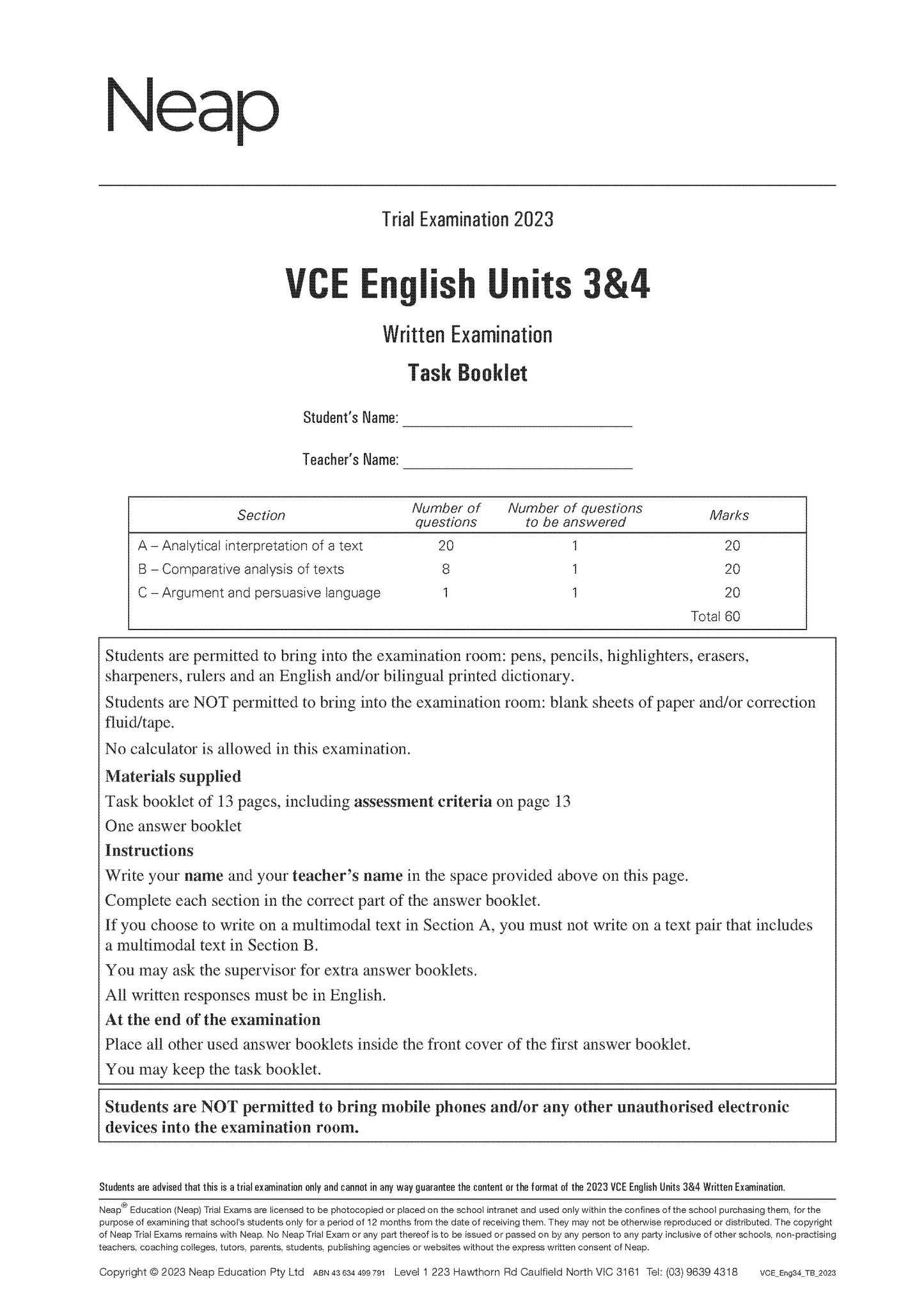 Neap Trial Exam: 2023 VCE English Units 3&4