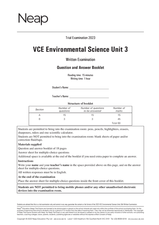 Neap Trial Exam: 2023 VCE Environmental Science Unit 3