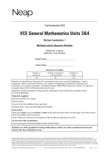 Neap Practice Exam Pack: VCE General Mathematics Units 3&4 2026 Edition (3 Exams)