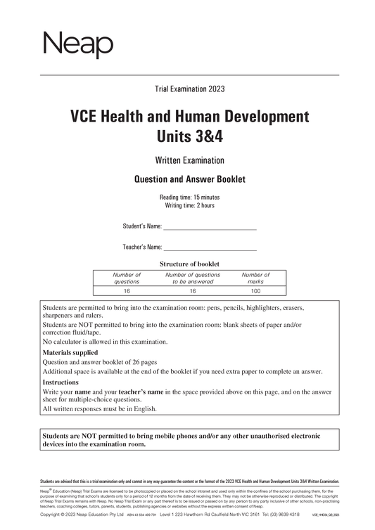 Neap Trial Exam: 2023 VCE Health and Human Development (HHD) Units 3&4