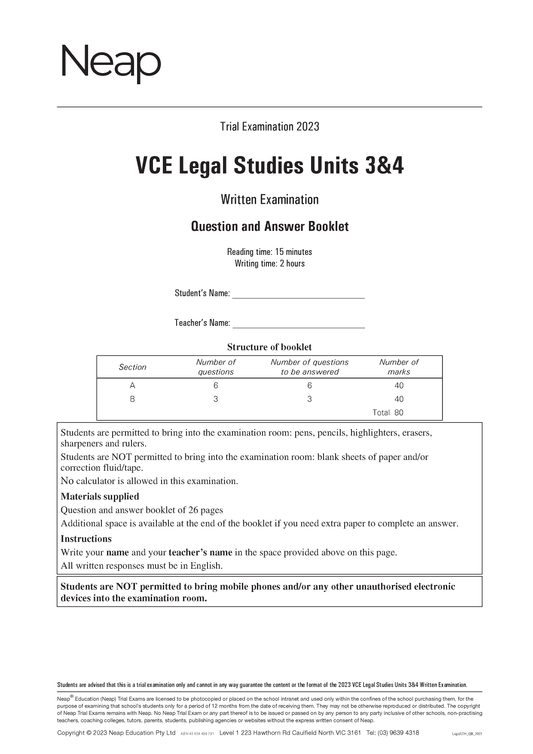 Neap Trial Exam: 2023 VCE Legal Studies Units 3&4