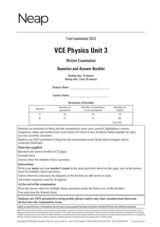 Neap Trial Exam: 2023 VCE Physics Unit 3