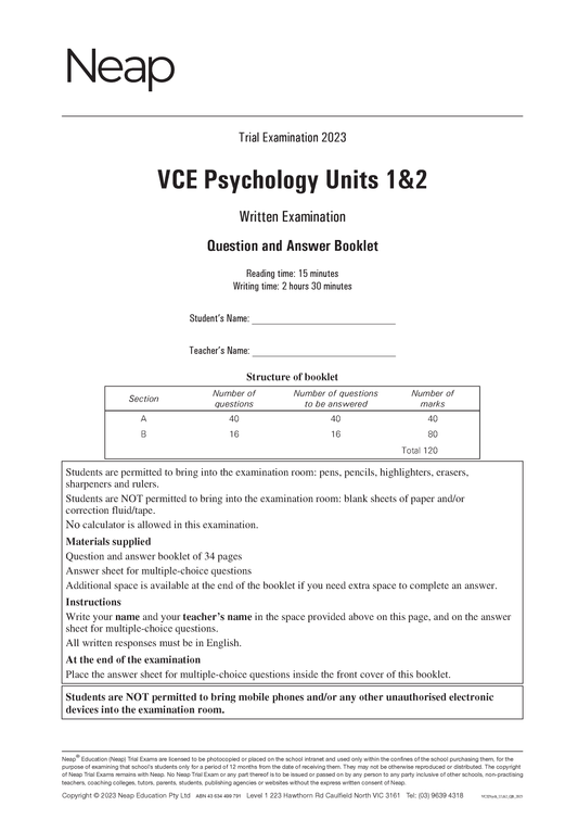 Neap Trial Exam: 2023 VCE Psychology Units 1&2