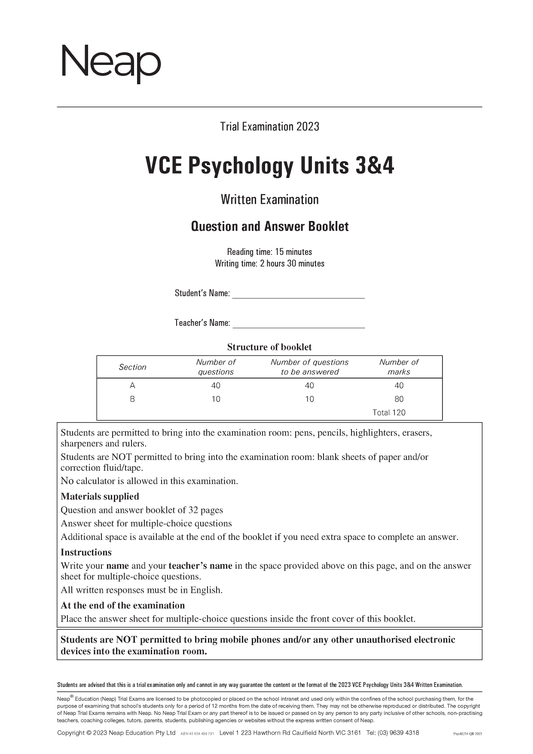 Neap Trial Exam: 2023 VCE Psychology Units 3&4