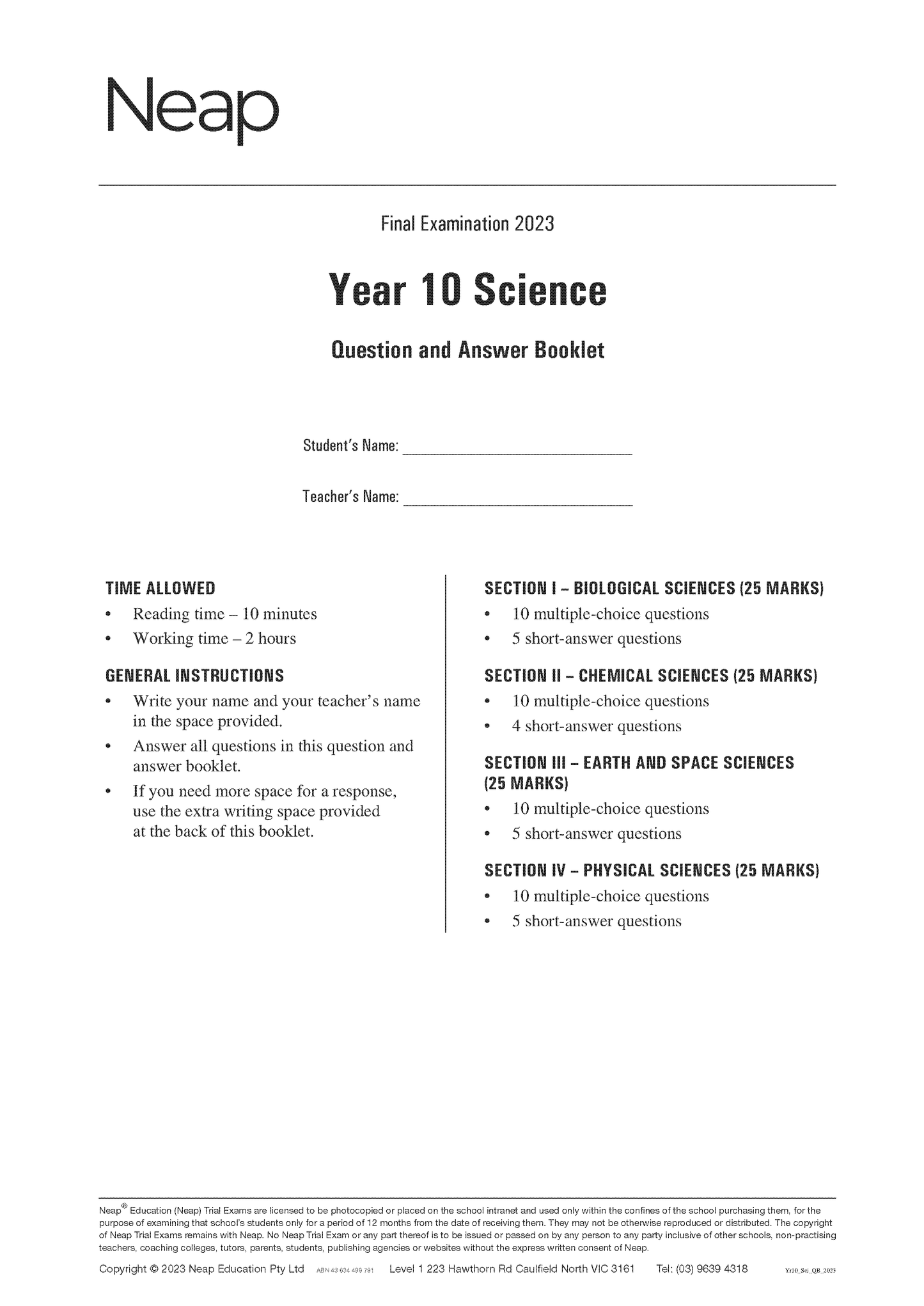 Neap Trial Exam: 2023 Year 10 Science