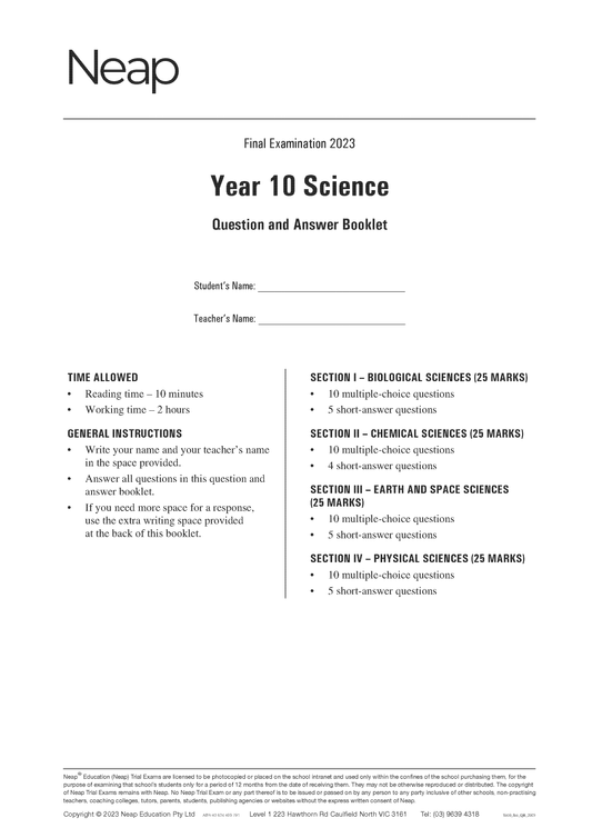 Neap Trial Exam: 2023 Year 10 Science
