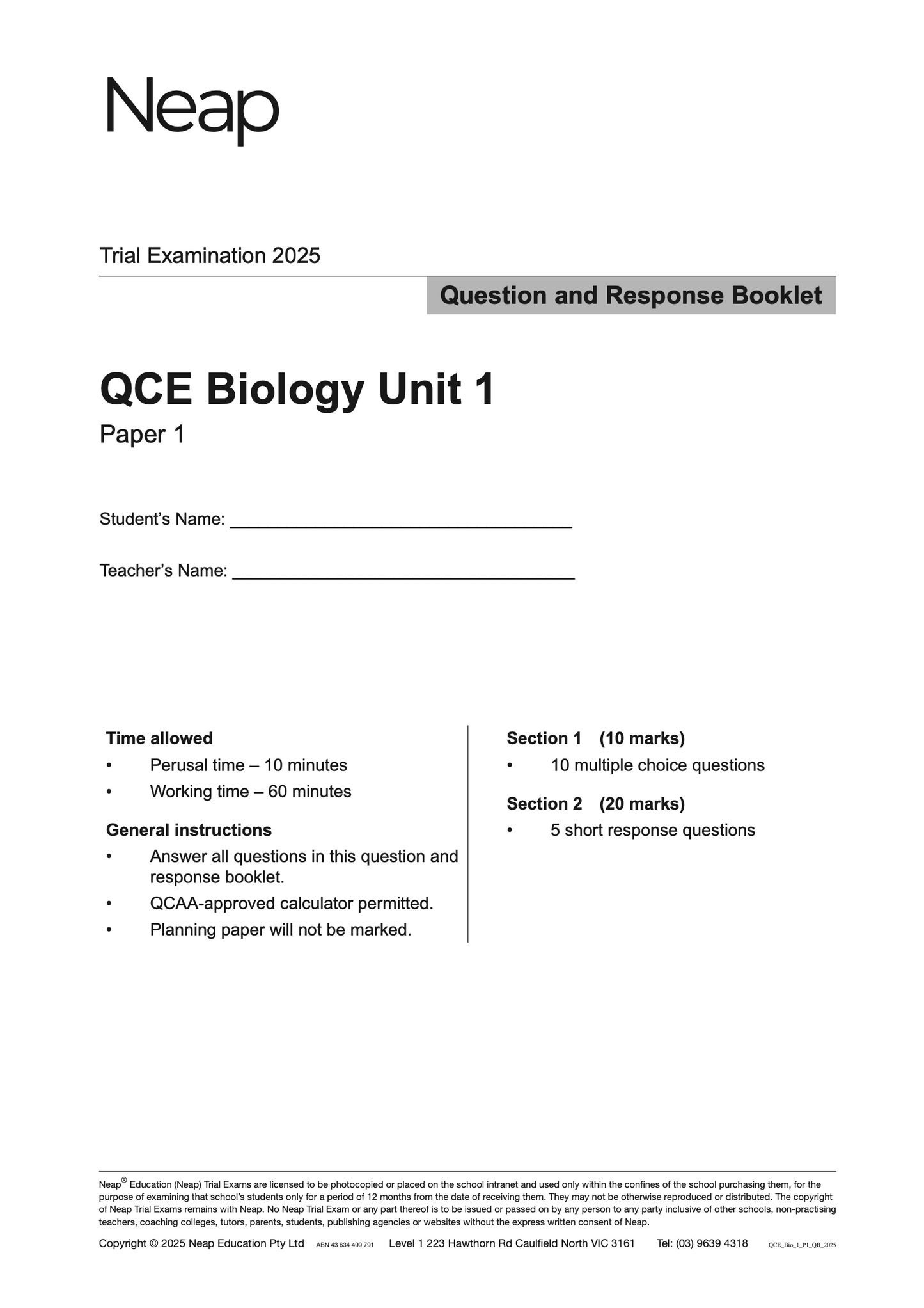 Neap Practice Exam: 2025 QCE Biology Unit 1 (Papers 1 and 2) (Digital)