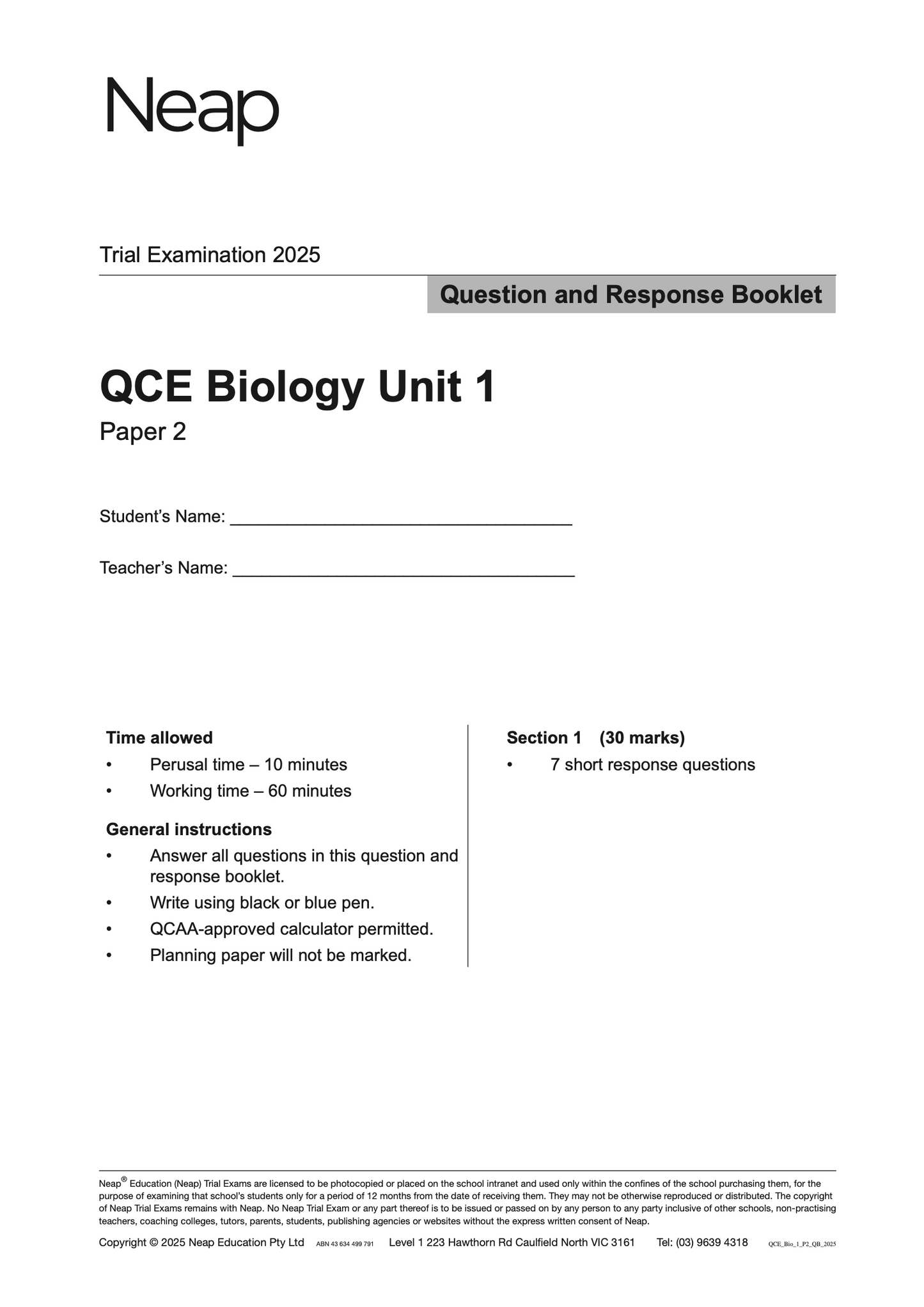 Neap Practice Exam: 2025 QCE Biology Unit 1 (Papers 1 and 2) (Digital)
