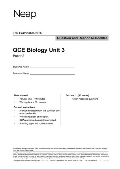 Neap Practice Exam: 2025 QCE Biology Units 3 (Papers 1 and 2) (Digital)