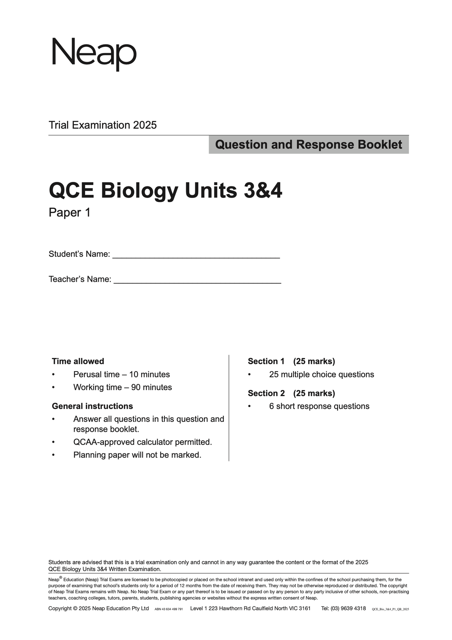 Neap Practice Exam: 2025 QCE Biology Units 3&4 (Papers 1 and 2) (Digital)