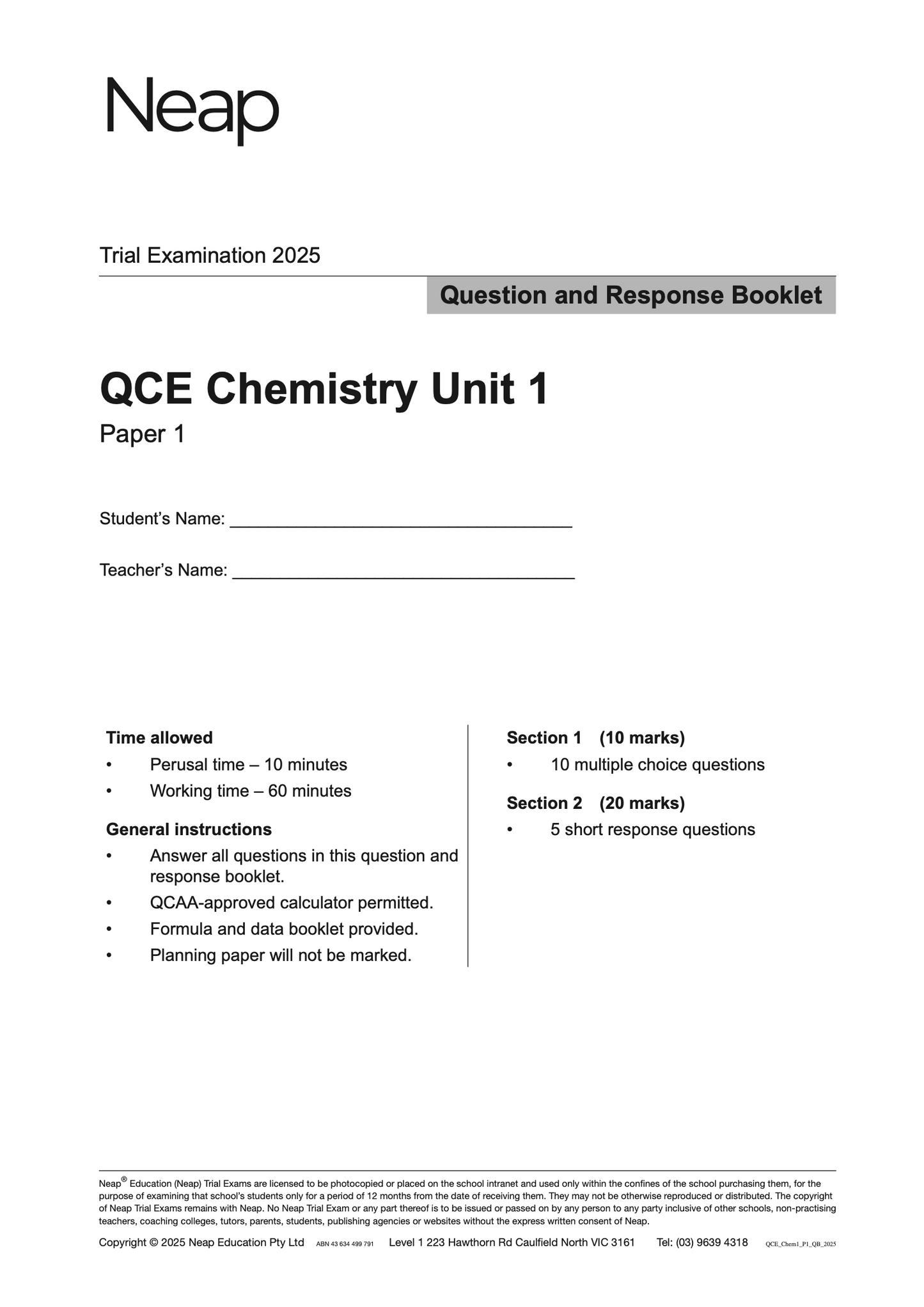 Neap Practice Exam: 2025 QCE Chemistry Unit 1 (Papers 1 and 2) (Digital)