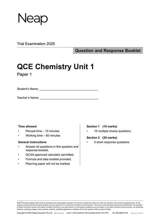 Neap Practice Exam: 2025 QCE Chemistry Unit 1 (Papers 1 and 2) (Digital)