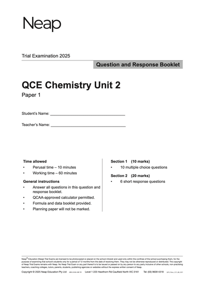 Neap Practice Exam: 2025 QCE Chemistry Unit 2 (Papers 1 and 2) (Digital)