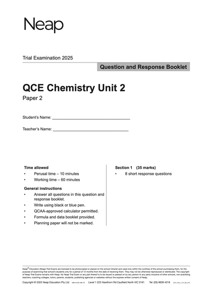Neap Practice Exam: 2025 QCE Chemistry Unit 2 (Papers 1 and 2) (Digital)