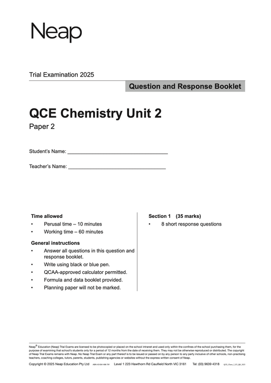 Neap Practice Exam: 2025 QCE Chemistry Unit 2 (Papers 1 and 2) (Digital)