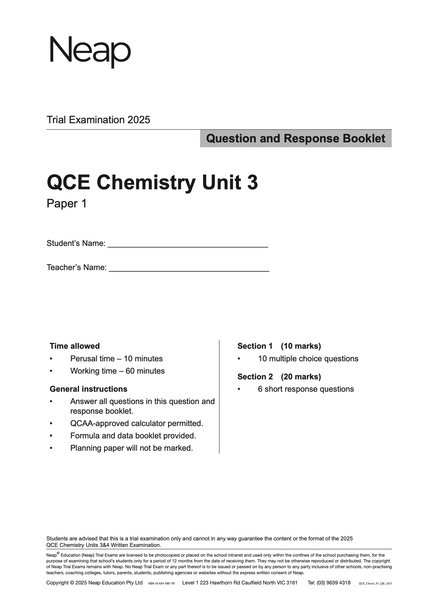 Neap Practice Exam: 2025 QCE Chemistry Units 3 (Papers 1 and 2) (Digital)