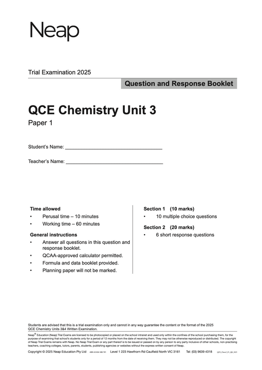 Neap Practice Exam: 2025 QCE Chemistry Units 3 (Papers 1 and 2) (Digital)