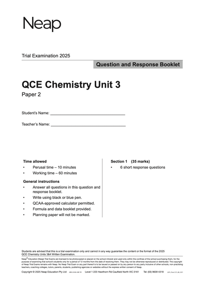 Neap Practice Exam: 2025 QCE Chemistry Units 3 (Papers 1 and 2) (Digital)