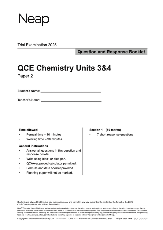 Neap Practice Exam: 2025 QCE Chemistry Units 3&4 (Papers 1 and 2) (Digital)