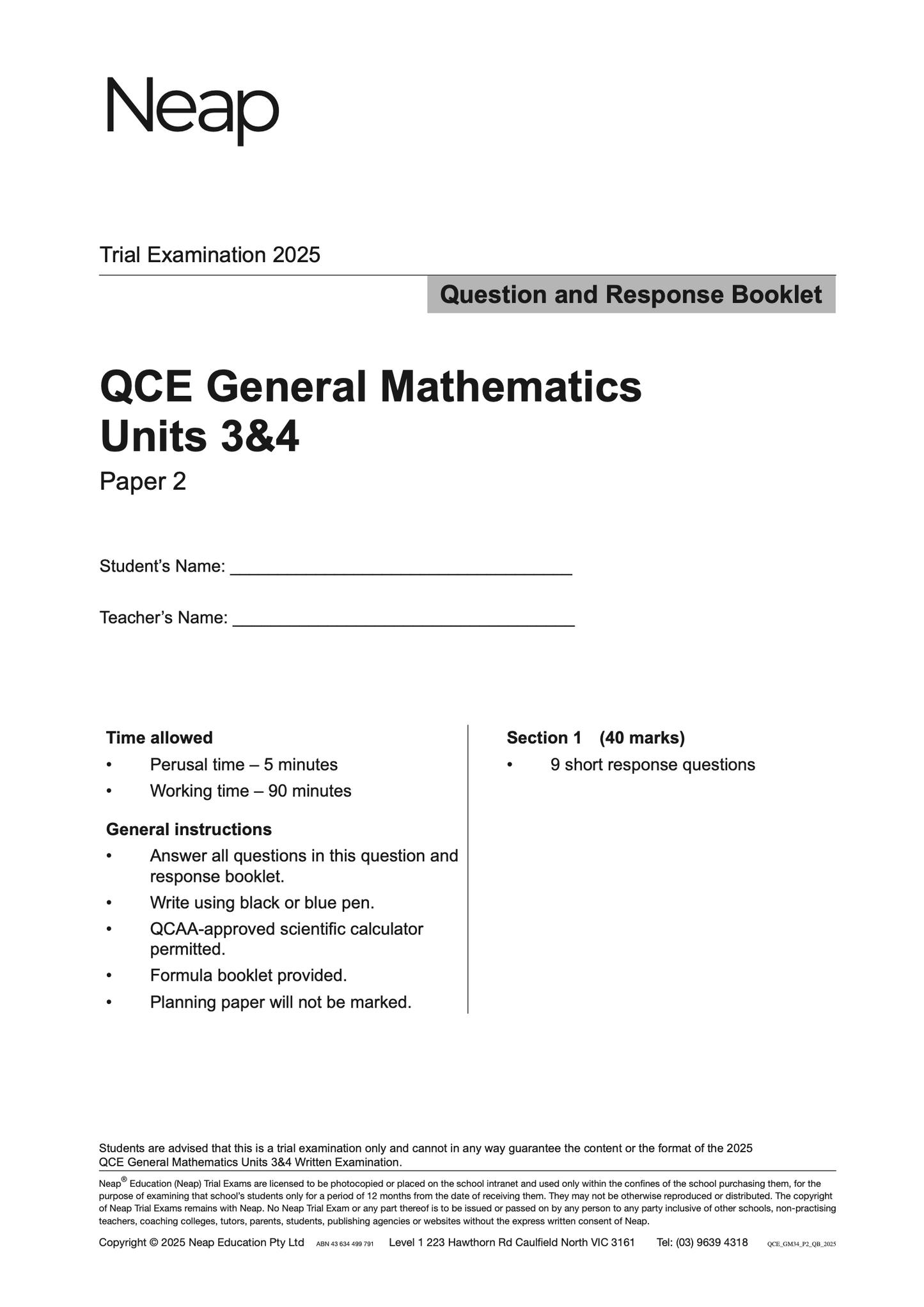 Neap Practice Exam: 2025 QCE General Maths Units 3&4 (Papers 1 and 2) (Digital)
