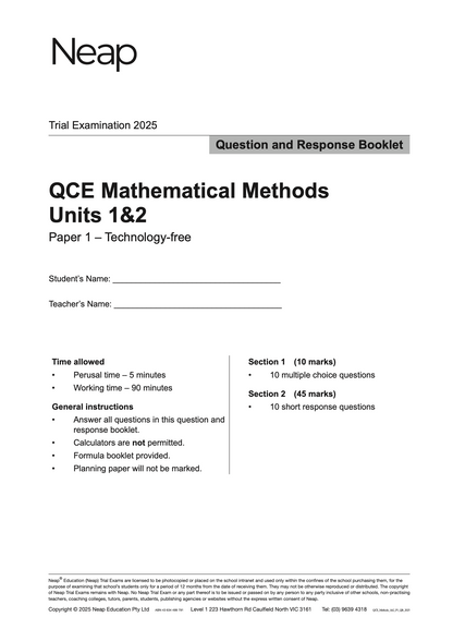 Neap Practice Exam: 2025 QCE Maths Methods Units 1&2 (Papers 1 and 2) (Digital)