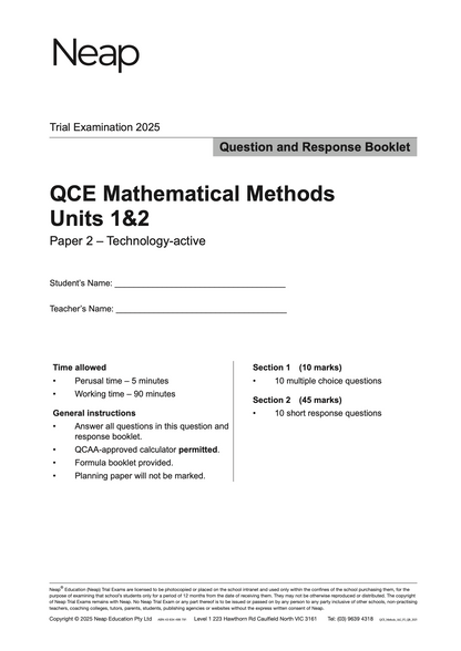 Neap Practice Exam: 2025 QCE Maths Methods Units 1&2 (Papers 1 and 2) (Digital)
