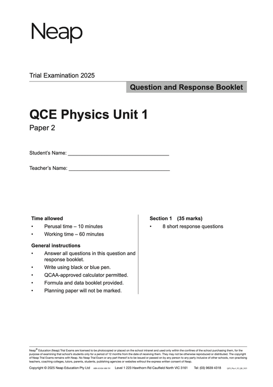 Neap Practice Exam: 2025 QCE Physics Unit 1 (Papers 1 and 2) (Digital)