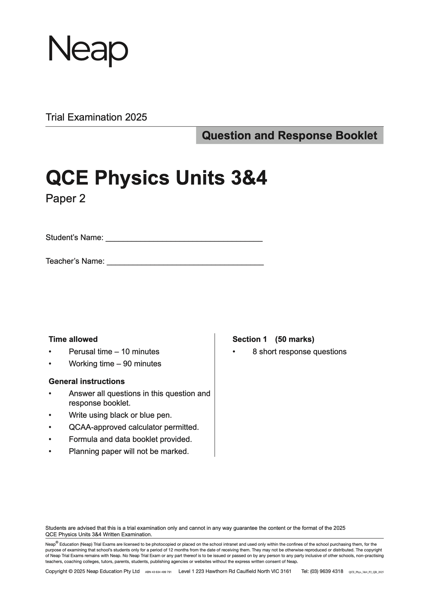 Neap Practice Exam: 2025 QCE Physics Units 3&4 (Papers 1 and 2) (Digital)