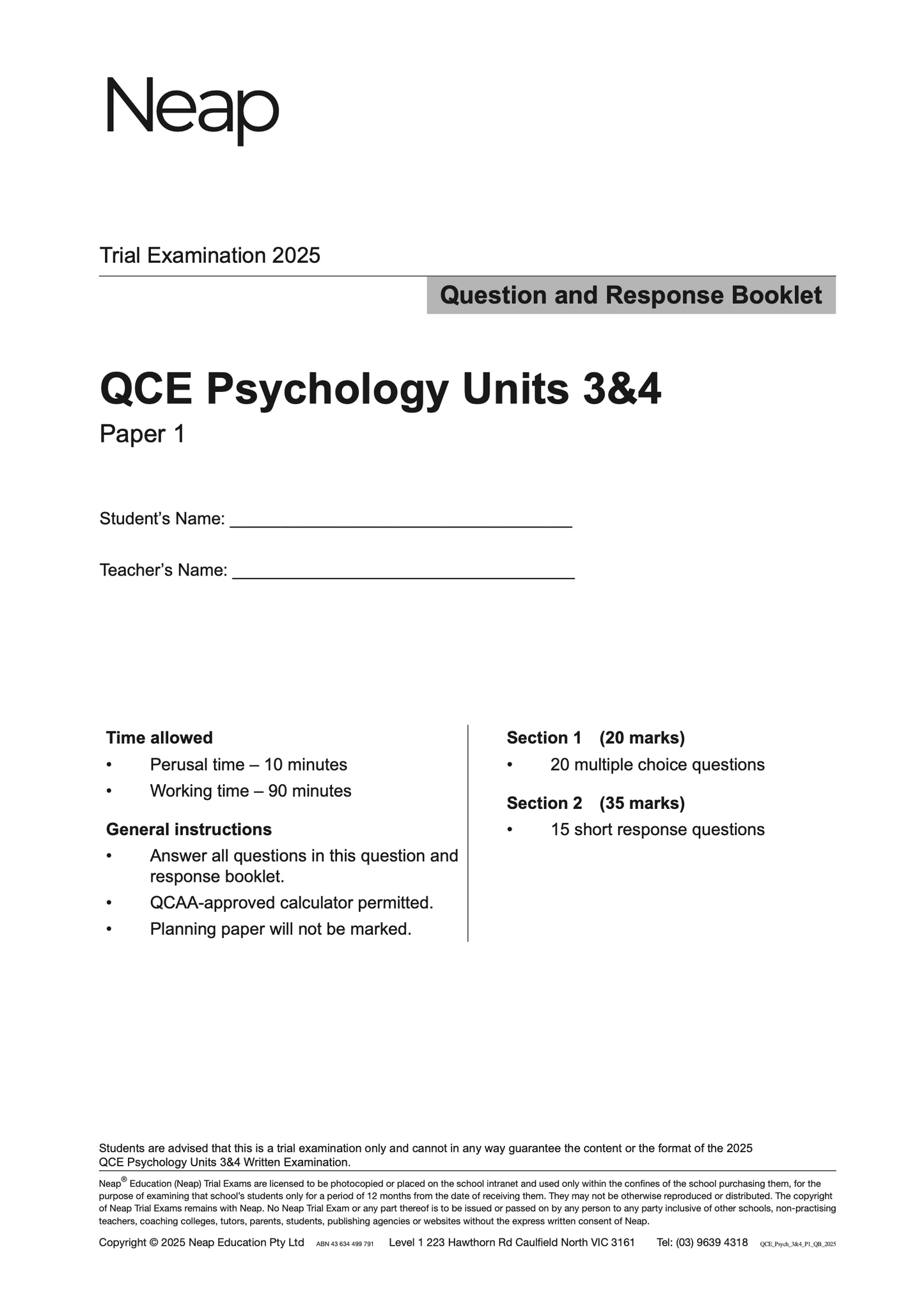 Neap Practice Exam: 2025 QCE Psychology Units 3&4 (Papers 1 and 2) (Digital)