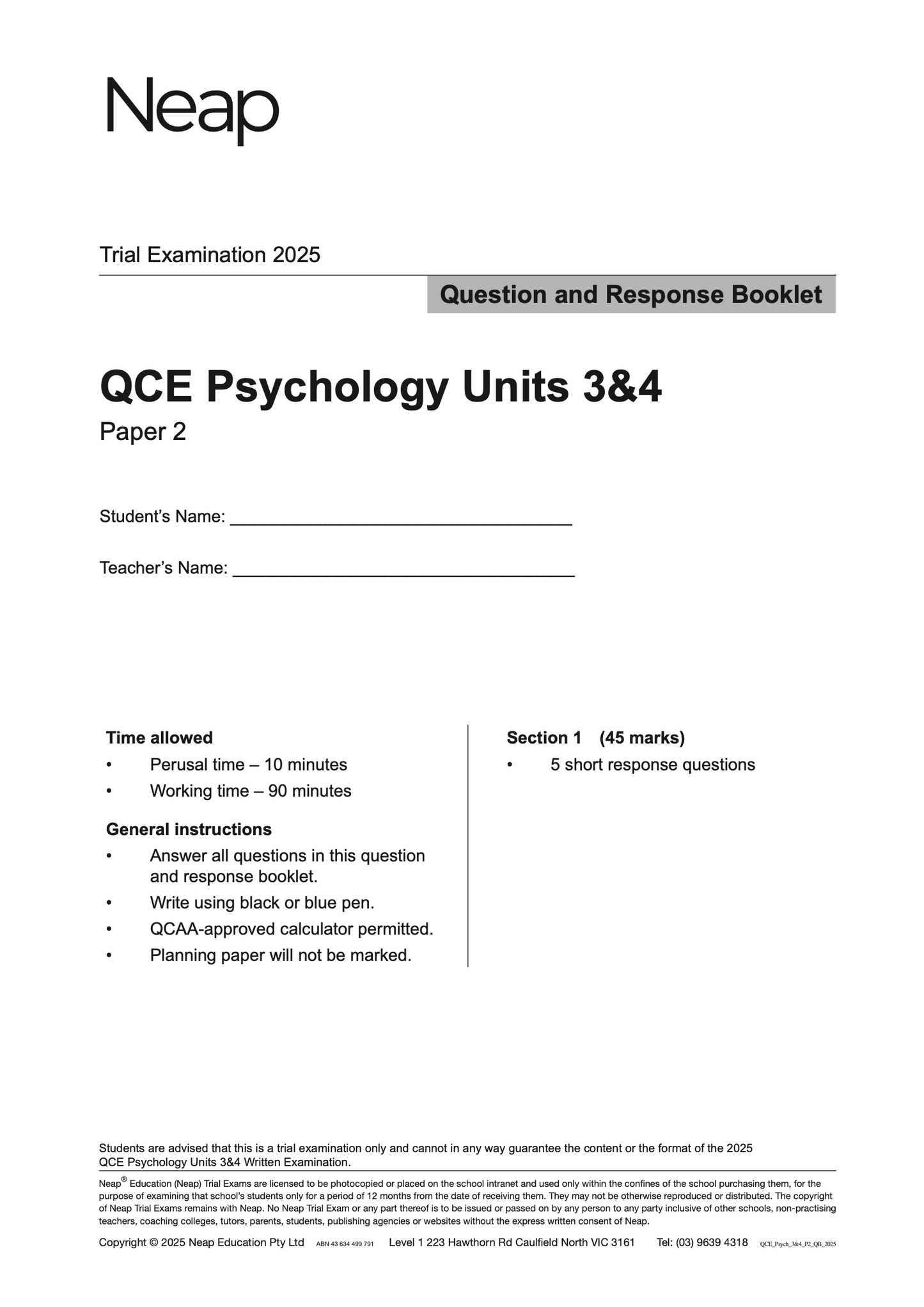 Neap Practice Exam: 2025 QCE Psychology Units 3&4 (Papers 1 and 2) (Digital)