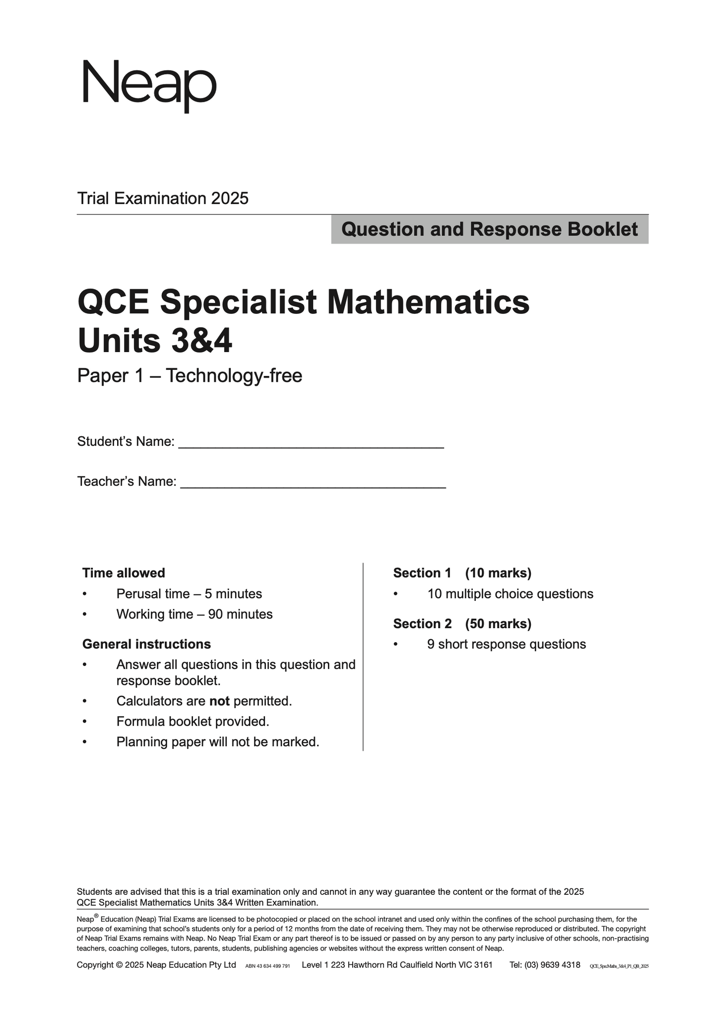 Neap Practice Exam: 2025 QCE Specialist Maths Units 3&4 (Papers 1 and 2) (Digital)