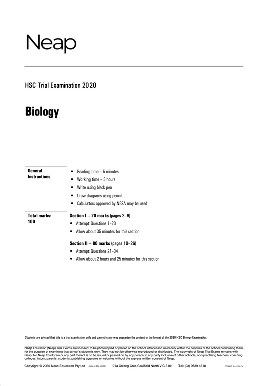Neap Practice Exam: 2020 HSC Biology Year 12