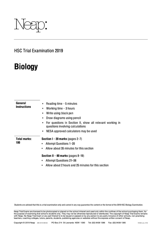 Neap Practice Exam: 2019 HSC Biology Year 12