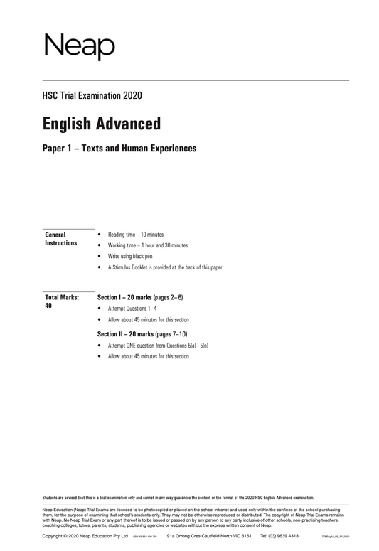 Neap Practice Exam: 2022 HSC Year 11 English Advanced