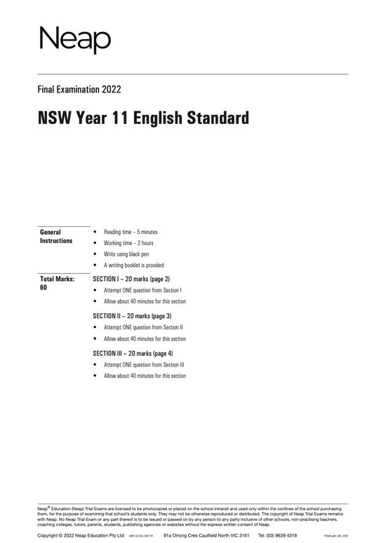 Neap Practice Exam: 2022 HSC Year 11 English Standard