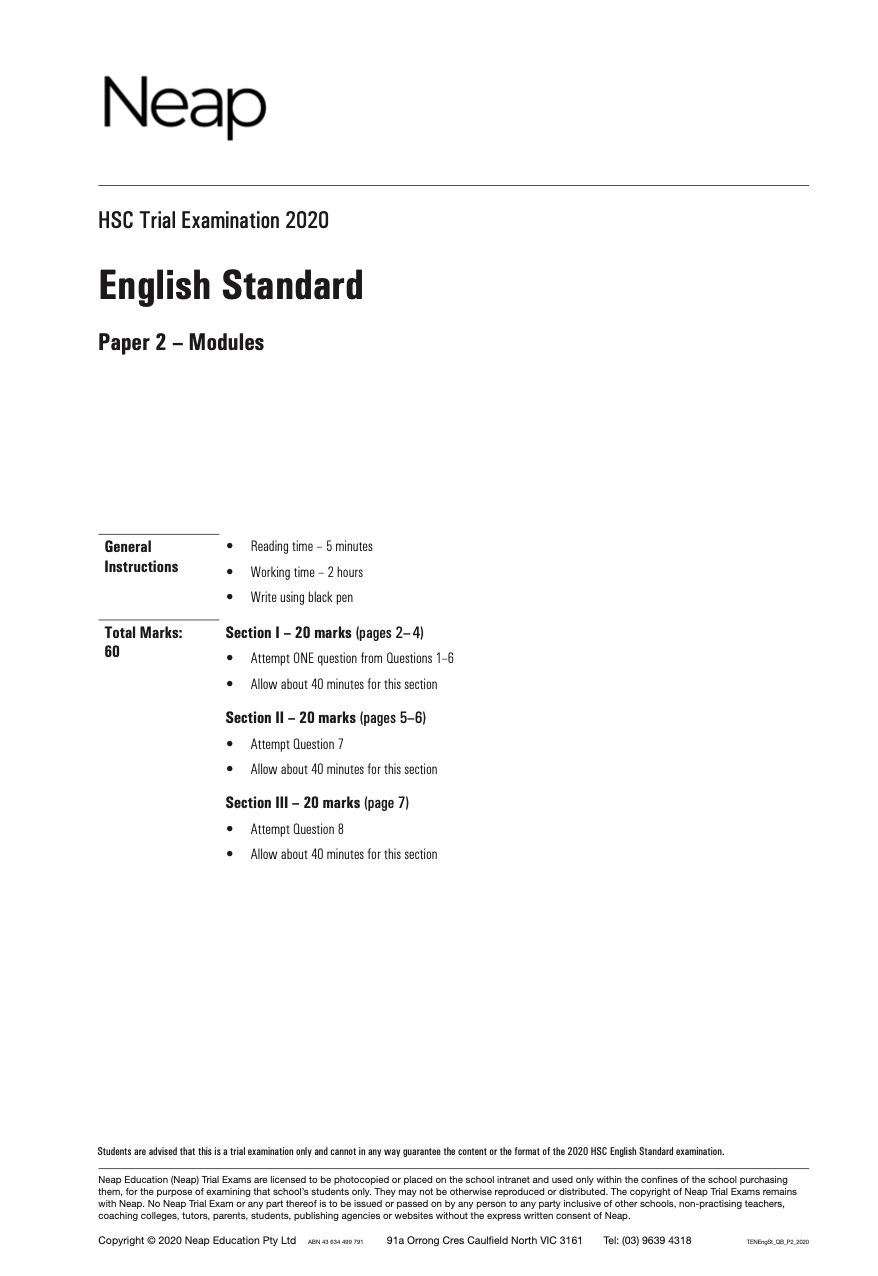 Neap Practice Exam: 2020 HSC English Standard Year 12