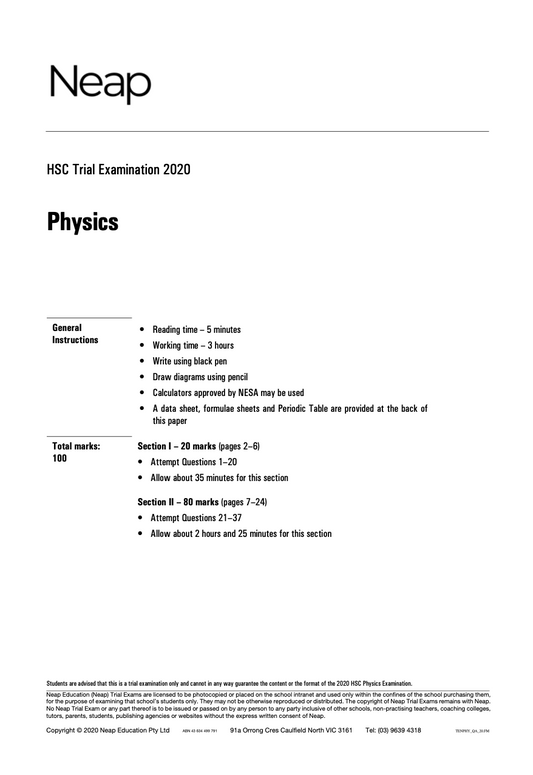 Neap Practice Exam: 2020 HSC Physics Year 12