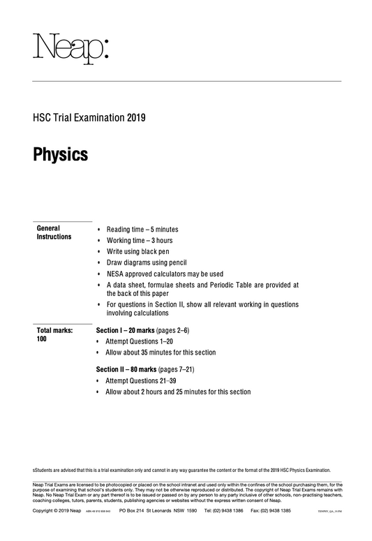 Neap Practice Exam: 2019 HSC Physics Year 12