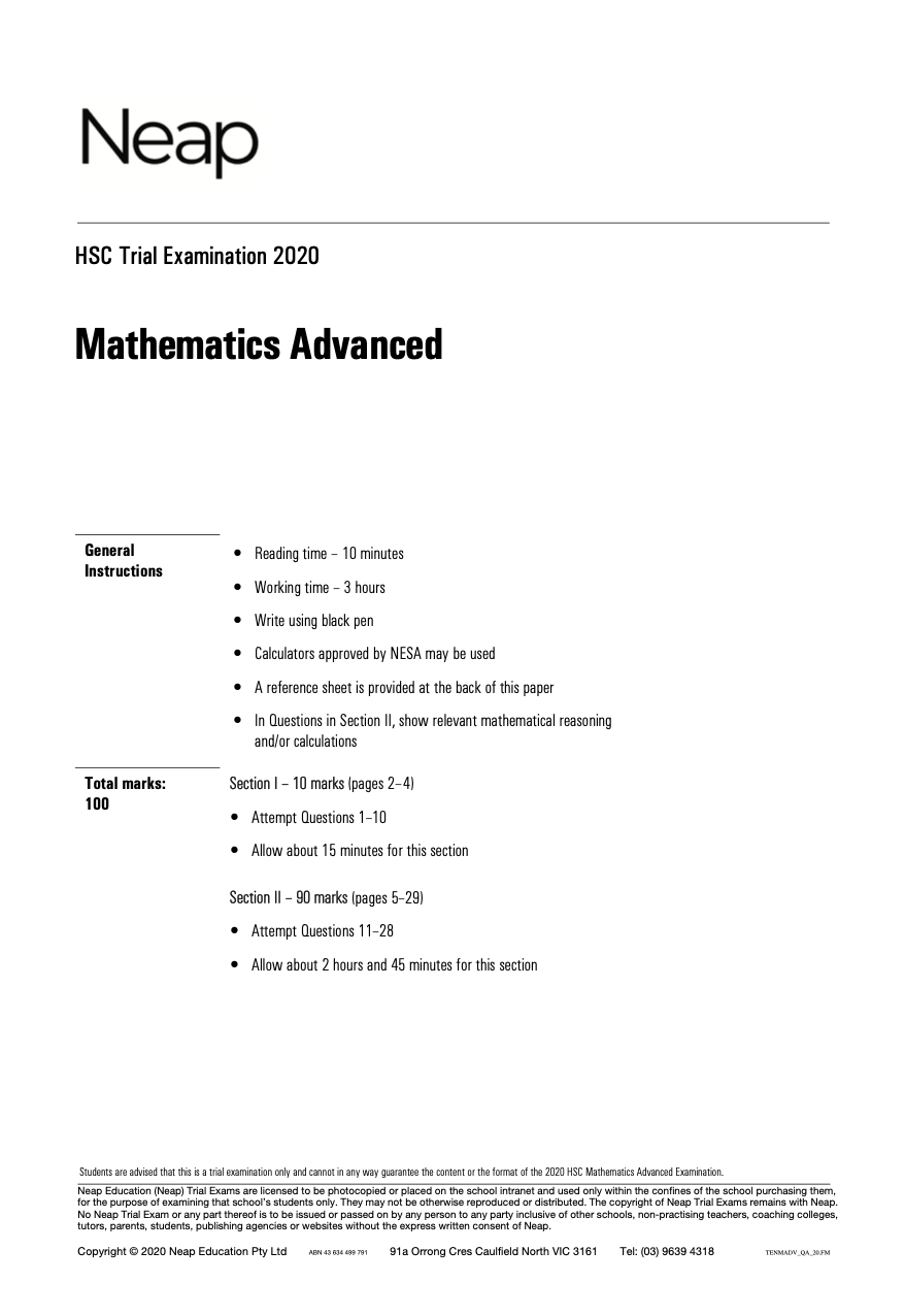 Neap Practice Exam: 2020 HSC Maths Advanced Year 12
