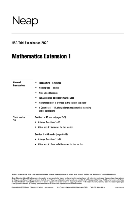 Neap Practice Exam: 2020 HSC Maths Extension 1 Year 12