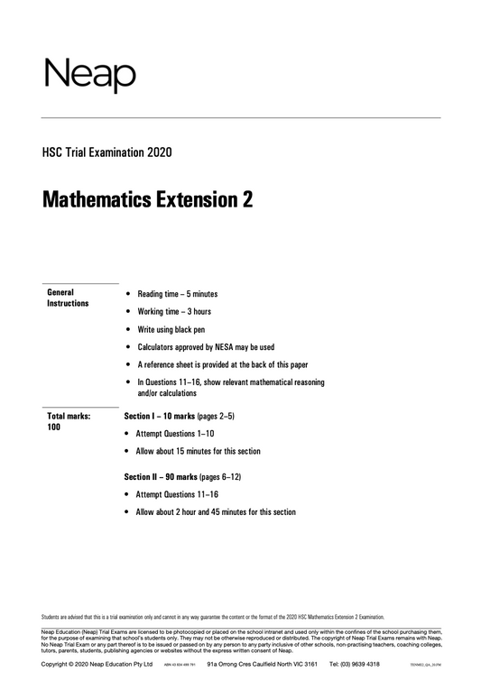 Neap Practice Exam: 2020 HSC Maths Extension 2 Year 12