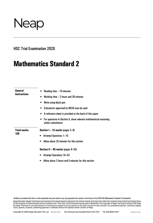 Neap Practice Exam: 2020 HSC Maths Standard 2 Year 12