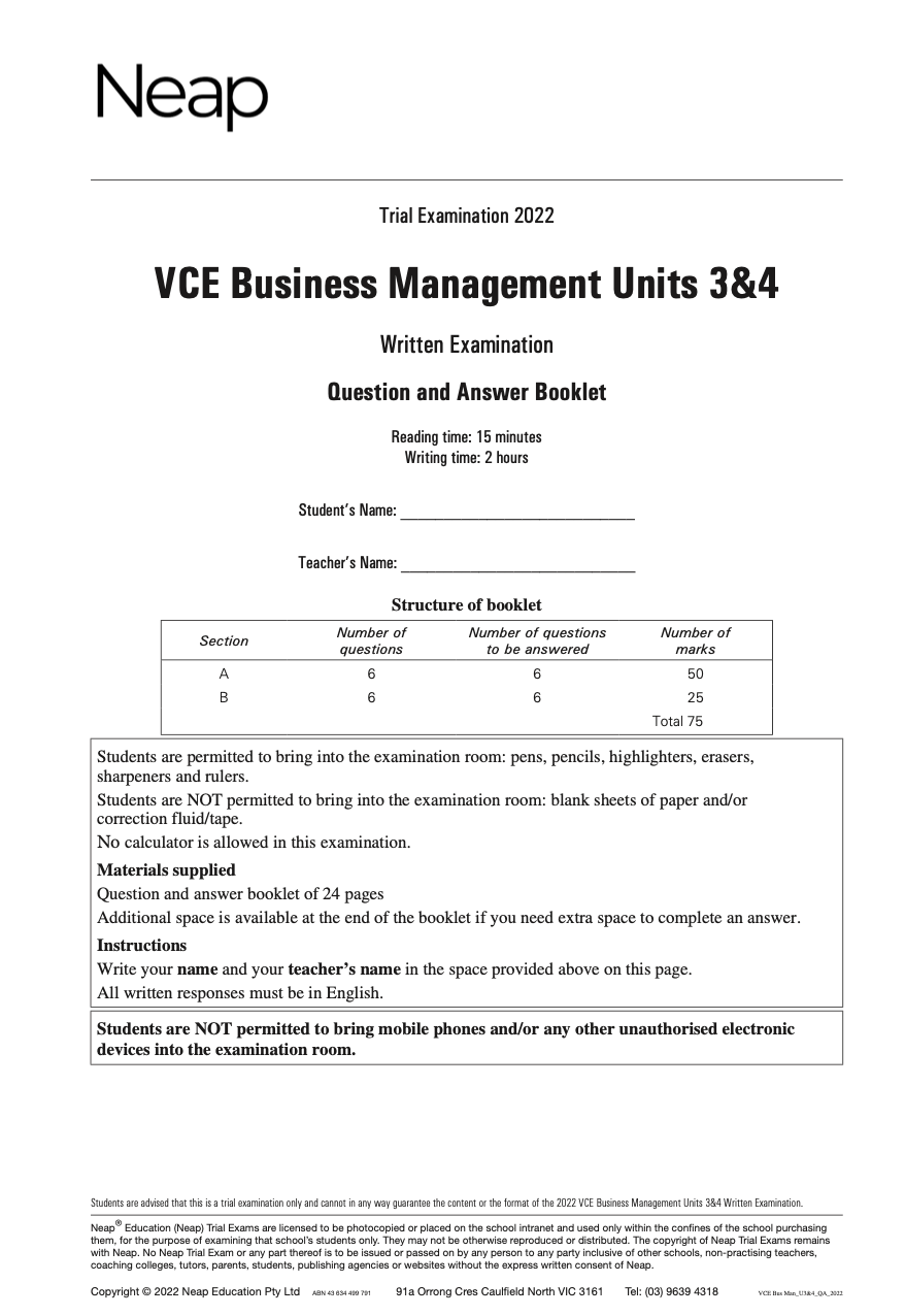 Neap Practice Exam: 2022 VCE Business Management Units 3&4 (Digital)